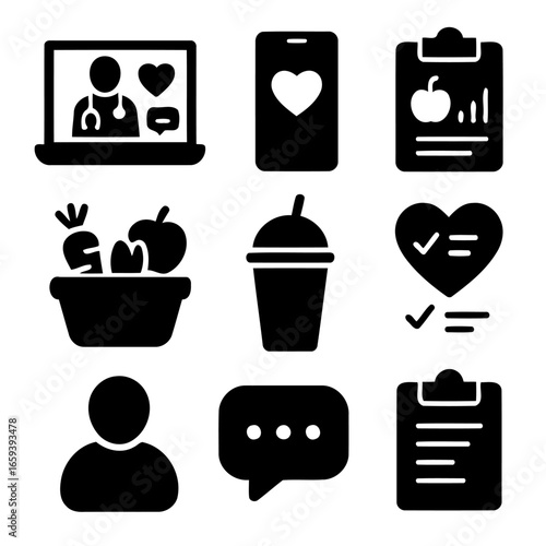 Health Icon: A set of icons representing health and well-being concepts including telemedicine, heart rate, diet and nutrition. A combination of diverse graphical representation.