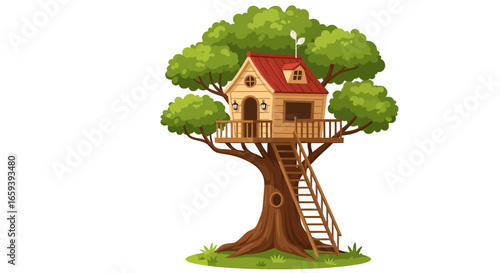 Charming treehouse nestled in lush green foliage, evokes feelings of childhood wonder and whimsical adventures in a woodland paradise