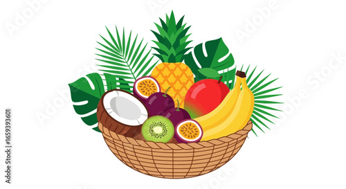 Tropical fruit assortment in a woven basket with green leafy accents adds a vibrant touch ideal for health and refreshment themed designs