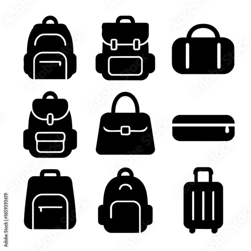 Backpack Selection: A compilation of various backpacks and travel bags, perfectly illustrated in a minimalistic monochrome style, offering a clean and versatile visual