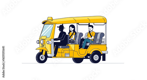 Vibrant Illustration of a Yellow Tuk-Tuk with Passengers Exploring a Cityscape Depicted in a Light-hearted Graphic Style