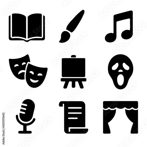 Artistic Elements in Silhouette: An array of iconic elements from the arts, presented in sleek black silhouettes, representing artistic endeavors, creativity.