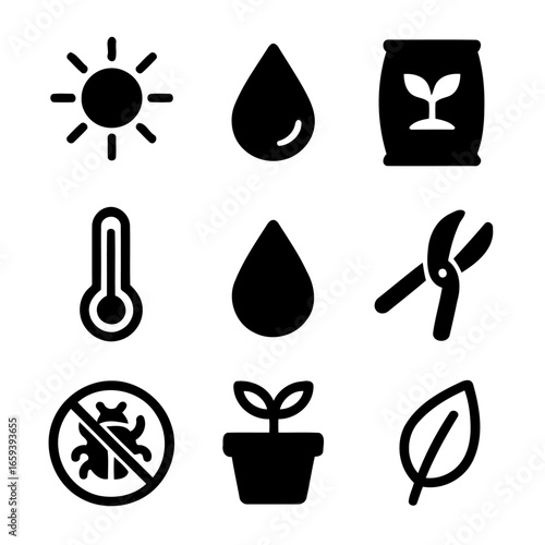 Essential Garden Elements: A visual guide to fundamental gardening essentials, a clean collection of monochrome icons perfect for horticultural guidance, educational use, or design purposes.