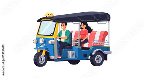 Whimsical tuk-tuk ride with a cheerful couple on a sunny day adventure through vibrant streets and exotic locales for unforgettable moments