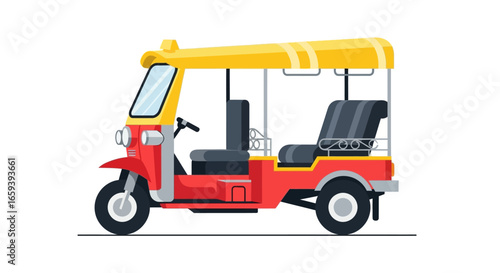 Stylized tuk-tuk vector illustration showcasing a bright red body and yellow rooftop design for transportation graphics and themed projects