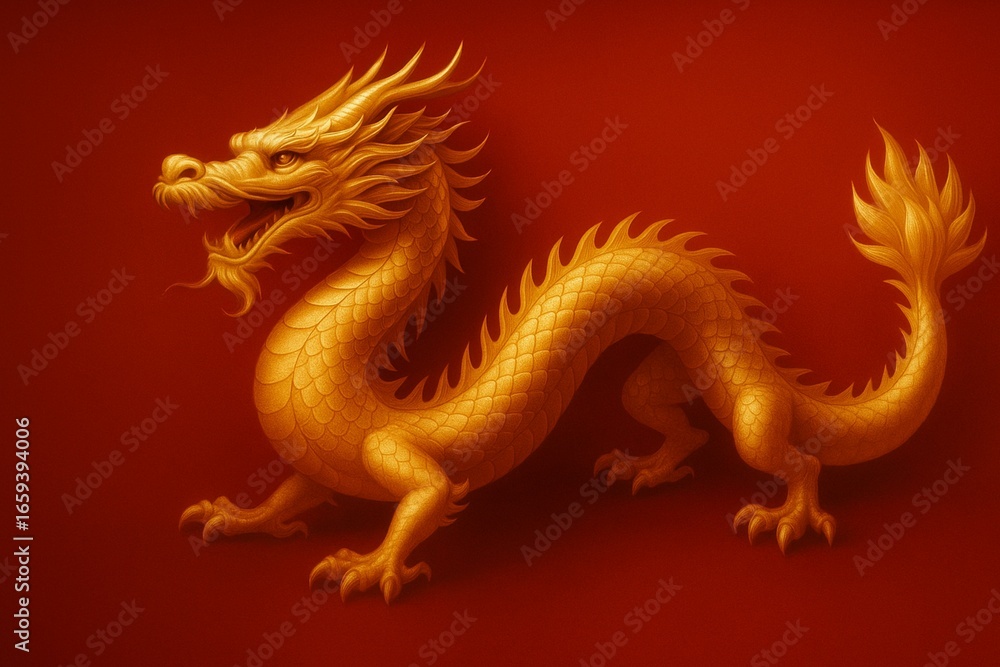 Fototapeta premium Golden Chinese Dragon on Red Background