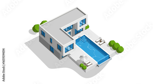 Isometric modern house with pool illustration showcasing architectural design and landscaping in a contemporary style for visual appeal and elegance