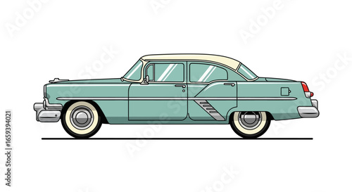 Detailed Vector Illustration of a Classic 1950s Sedan in Turquoise and Cream, Showcasing Vintage Automotive Design