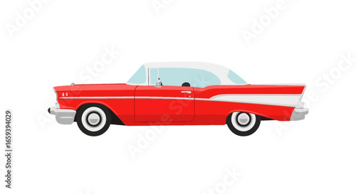 Vibrant red vintage car with white roof and accents displaying automotive design of bygone eras, appealing to classic car enthusiasts and design