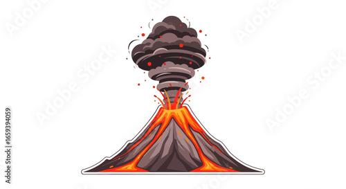 Captivating depiction of a stylized volcano erupting with flowing lava and billowing smoke cloud, showcasing nature's raw power and fiery spectacle