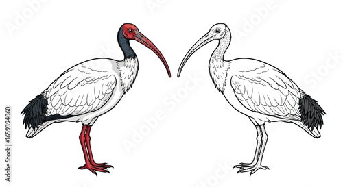African Sacred Ibis Dual Drawing Coloring Sheet One Colored and One Outline Version