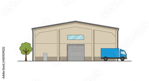 Illustrated warehouse logistics with blue delivery truck for supply chain management illustration