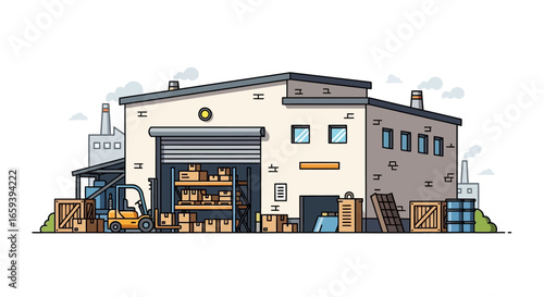 Cartoonish logistics center exterior showcases shipping and industrial activity amidst an industry backdrop in a playful and colorful cartoon world