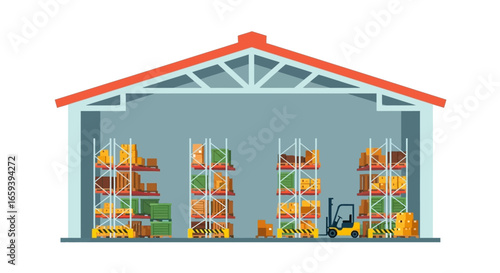 Depiction of a distribution center showcasing inventory logistics and transportation operations in a storage facility system