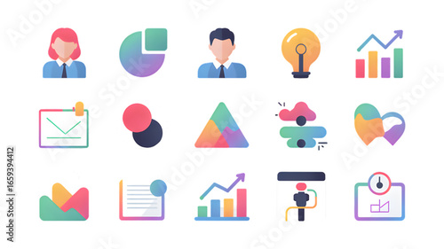 Modern business icons for analytics, communication, ideas, and teamwork, perfect for digital presentations.