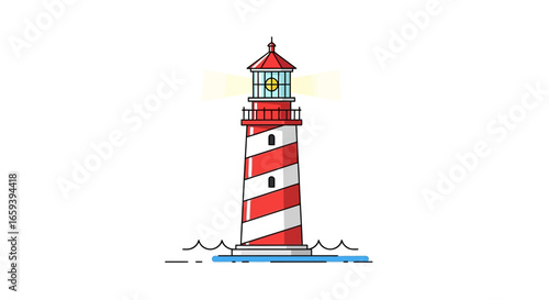 Striking lighthouse illustration with bright light beams, a nautical beacon against a white backdrop, symbolizing guidance and maritime safety