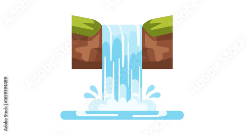 Cartoonish depiction of a cascading waterfall with clear blue water and green cliffs idyllic view of natures beauty in a minimalist style