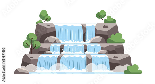 Scenic cascading waterfall surrounded by lush greenery on rocky terrain, a tranquil natural landscape illustration, minimalist and serene environment