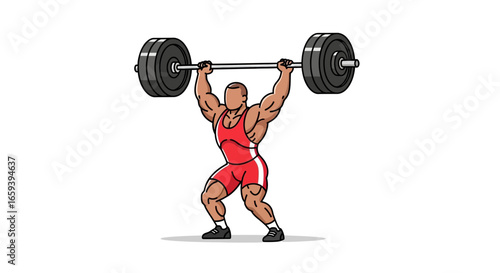 Powerful athlete lifting a heavy barbell overhead in a clean and jerk motion conveying strength and determination on a white background