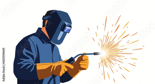 Illustration of a welder working with protective gear and bright sparks in an industrial setting, conveying precision and skill with modern technology