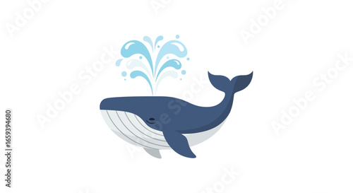 Whimsical whale illustration with spouting water for children's books and educational resources, a friendly, stylized depiction for marine life