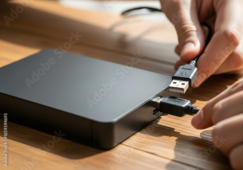 Close-up shot of a person connecting a USB cable to an external hard drive.