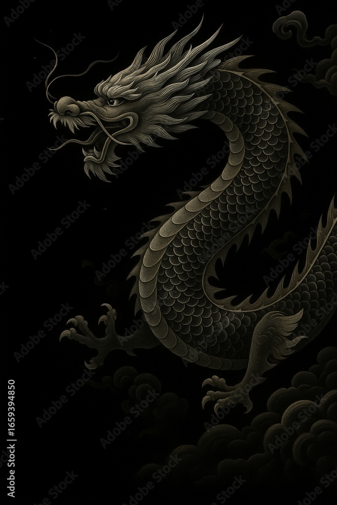 Fototapeta premium Majestic Chinese Dragon in Dark Clouds