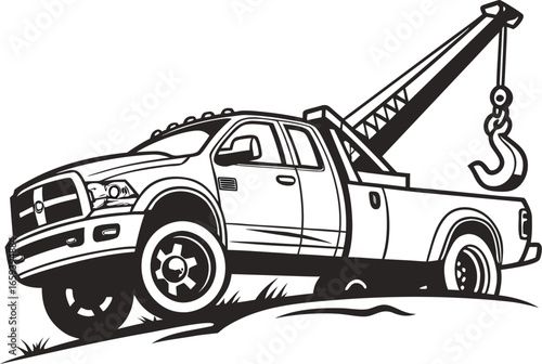 Pickup Truck Crane Vector | Black and White Flat Illustration with Hook