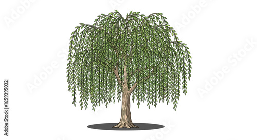 Stylized weeping willow illustration, featuring delicate foliage and graceful branch structure rendered with soft, muted color palette against a