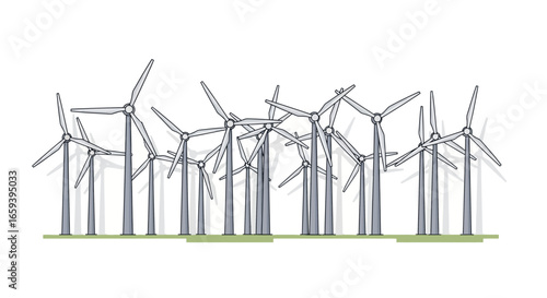 Artistic depiction of a wind farm conveying sustainability and renewable energy innovation with turbine illustrations and a clean energy landscape