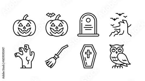 Spooky Halloween Icons Collection Featuring Pumpkins, Tombstone, Bat, Zombie Hand, Broom, Coffin, and Owl