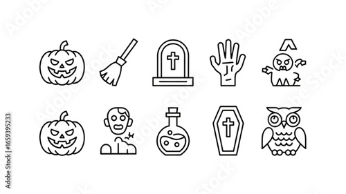 Spooky Halloween icons for festive designs including pumpkins, zombies, owls, coffins, brooms, and potions