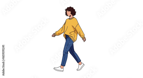Stylized vector illustration of a young woman walking confidently with a relaxed posture in casual clothing against a white backdrop