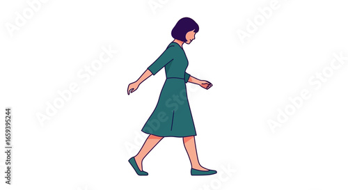 Animated illustration of a young woman strolling calmly, in a green dress against a pristine white backdrop, presenting a serene and minimalist
