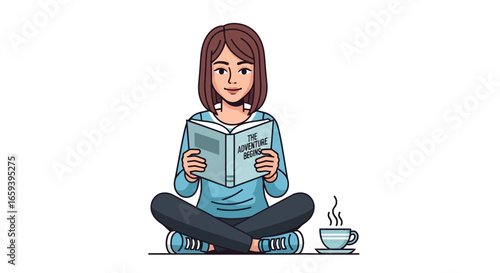 Illustrated Woman Reading with Coffee, Promotes Relaxation and Education Content, and Personal Growth, Storytelling in a Peaceful and Intellectual