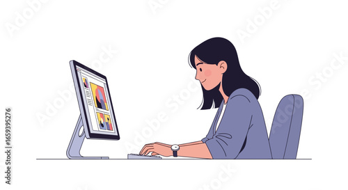 Focused young woman works on a modern computer, creating design or coding projects, wearing jacket indoors while seated on a chair in a bright