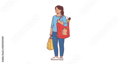 Woman standing with grocery bags and a red tote, a visual story about sustainable shopping and everyday errands, rendered in a simple line art style