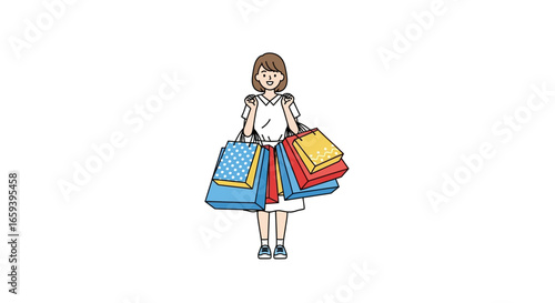 Joyful shopper clutching colorful bags bursting with new finds, embodying retail contentment and the thrill of acquisition, celebrating consumerism