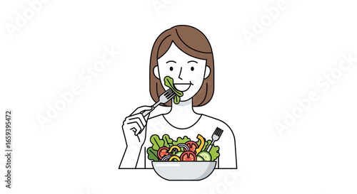 Woman eating a fresh salad illustration promoting healthy lifestyle and nutritional well being with healthy food choice diet for wellness and vitality