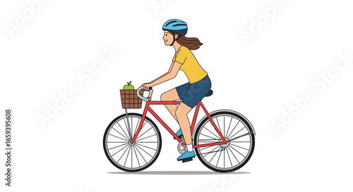 Illustration depicting a woman cycling, promoting sustainable lifestyle and healthy transportation habits in an eco-conscious community setting
