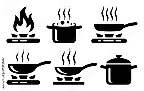 Six Black Silhouette Icons of Cooking on Gas Stoves with Steam and Pots vector illustration