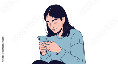 Enchanting illustration of a woman engaging with a mobile device in a serene, thoughtful manner, evoking modern connection and contemplative moments