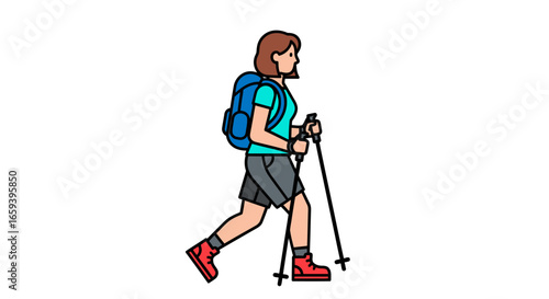 Cartoon-style illustration of a woman trekking with backpack and trekking poles against a blank white background creating a clean and minimalistic