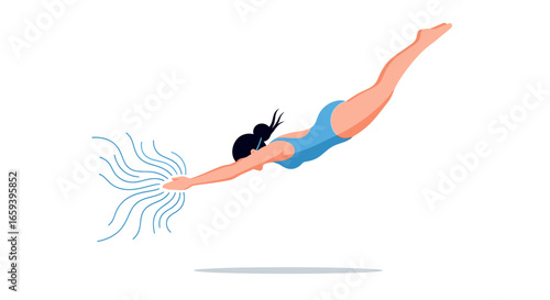 Aquatic grace: Woman diving into water with artistic water trails showcasing elegant movement and athleticism in vector style depiction