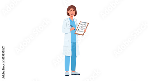 Woman Doctor with Clipboard: Illustration of healthcare professional reviewing notes and checking boxes on a document in a medical setting