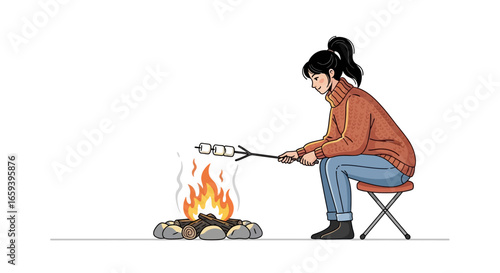 Girl enjoying a campfire roasting marshmallows, sitting on a folding stool and sharing happy experiences in a calm outdoor setting