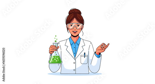 Enthusiastic Scientist Holding a Chemical Flask, Experimenting with Liquid, Illustration Concept Demonstrating Scientific Exploration and Discovery