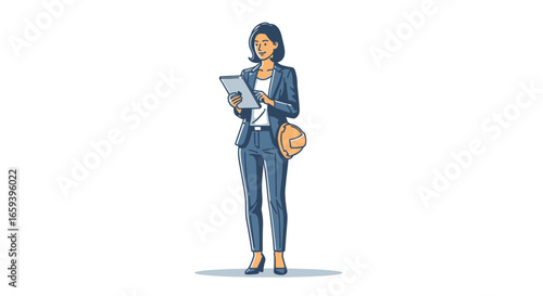 Female architect in a suit consulting a tablet, embodying professionalism and modernity, ready to inspect construction site plans with her hard hat