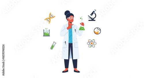 Scientist character surrounded by lab equipment and symbols representing scientific concepts and discoveries