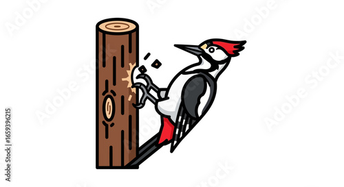 Animated portrayal of a woodpecker methodically pecking into the bark of a tree trunk with determination creating wood chips